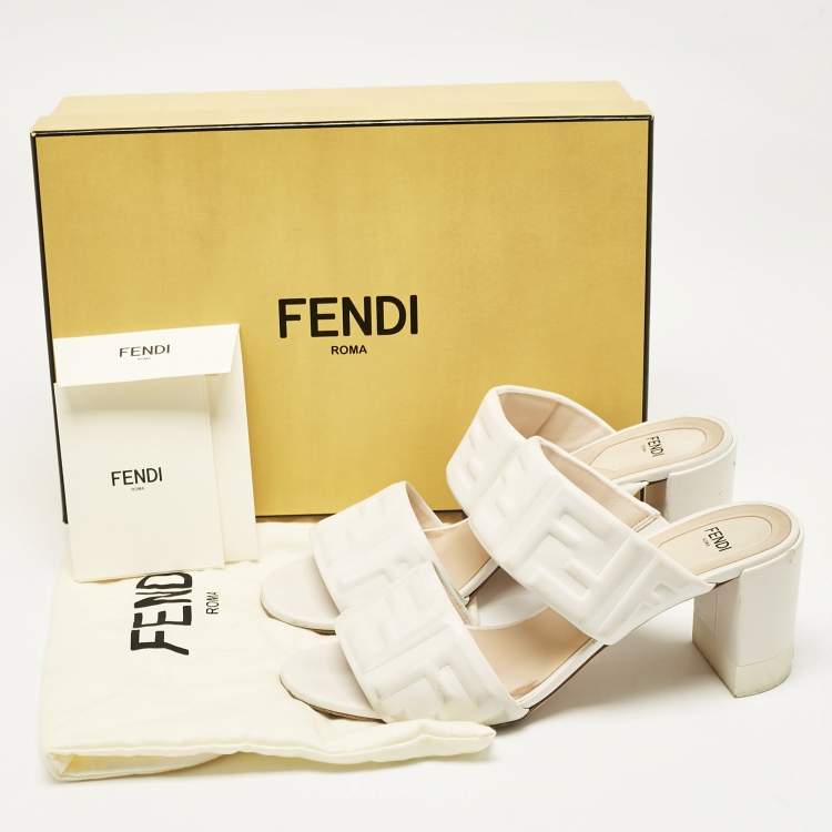 Pre Owned Fendi White Leather FF Block Heel Slide Sandals Size 39