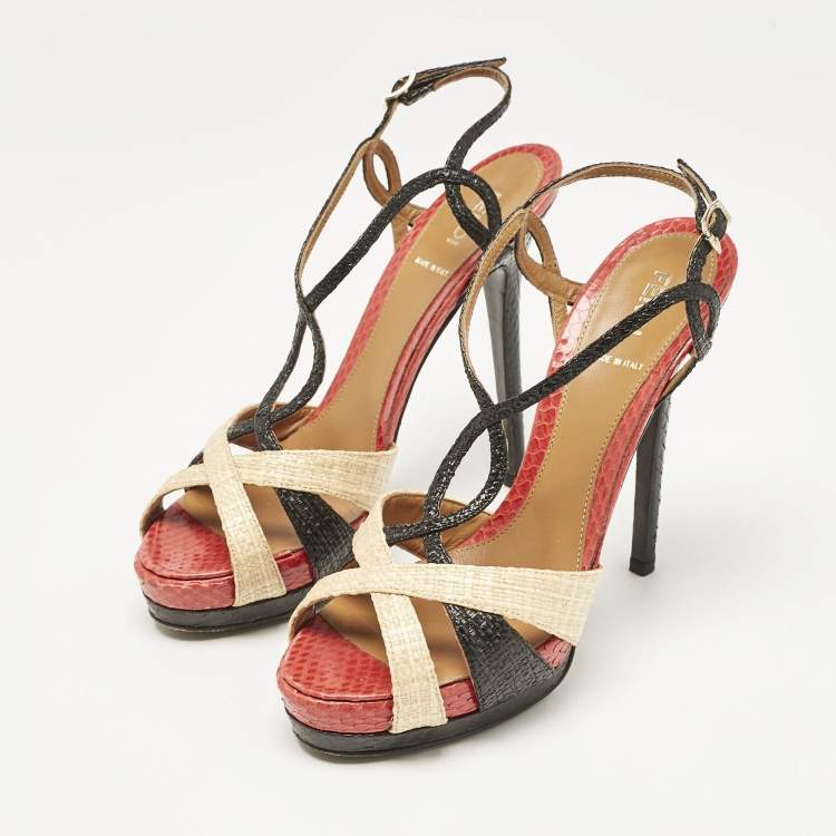 Pre Owned Fendi Tri Color Raffia and Snakeskin Strappy Slingback Platform Sandals Size 38