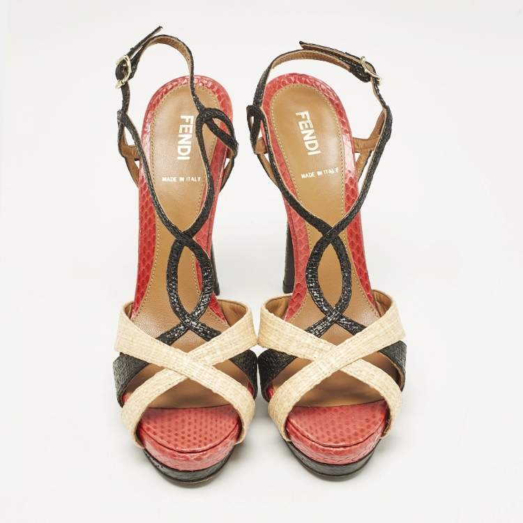 Pre Owned Fendi Tri Color Raffia and Snakeskin Strappy Slingback Platform Sandals Size 38