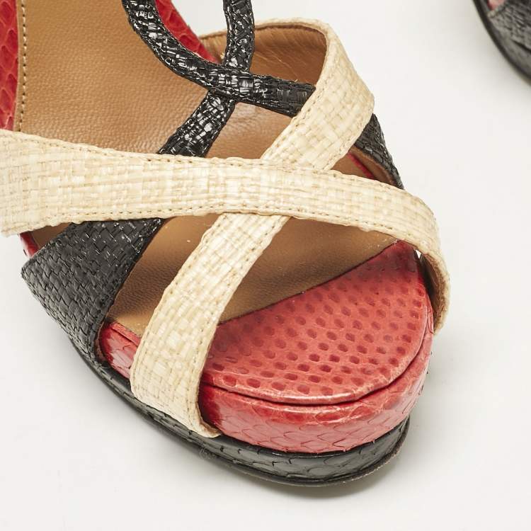 Pre Owned Fendi Tri Color Raffia and Snakeskin Strappy Slingback Platform Sandals Size 38
