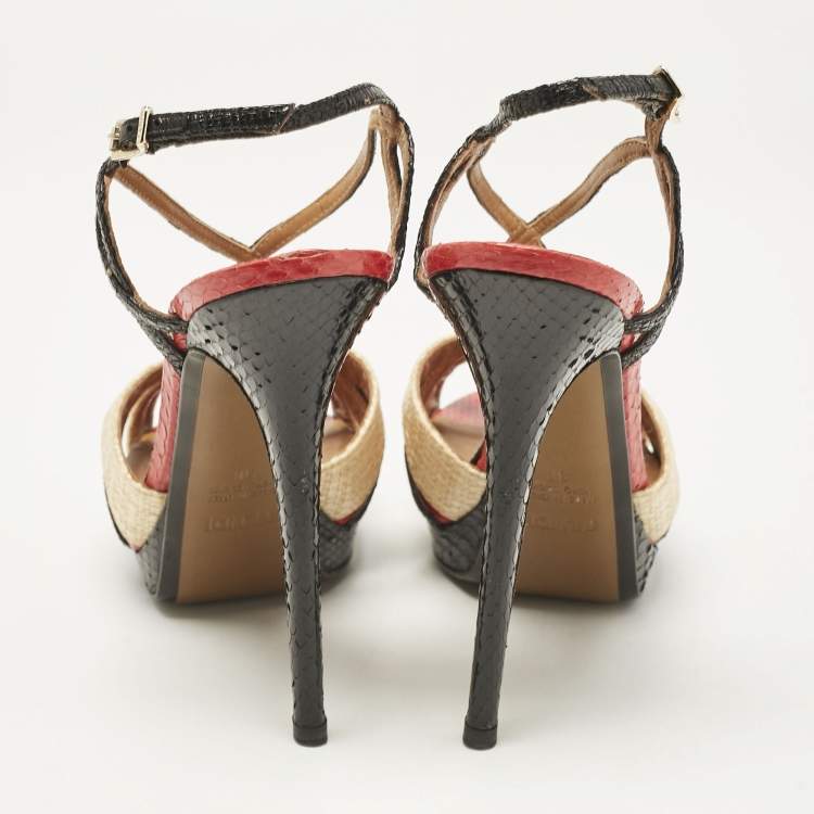 Pre Owned Fendi Tri Color Raffia and Snakeskin Strappy Slingback Platform Sandals Size 38