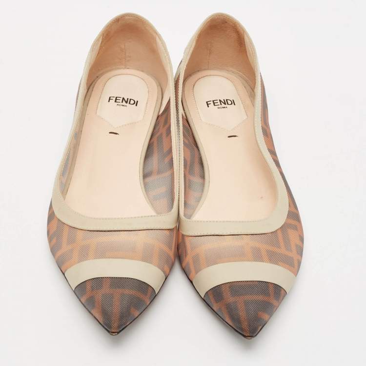 Pre Owned Fendi Brown/White Zucca Mesh And Leather Colibri Ballet Flats Size 38.5
