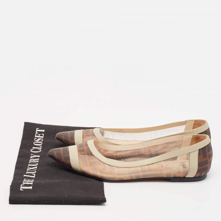 Pre Owned Fendi Brown/White Zucca Mesh And Leather Colibri Ballet Flats Size 38.5