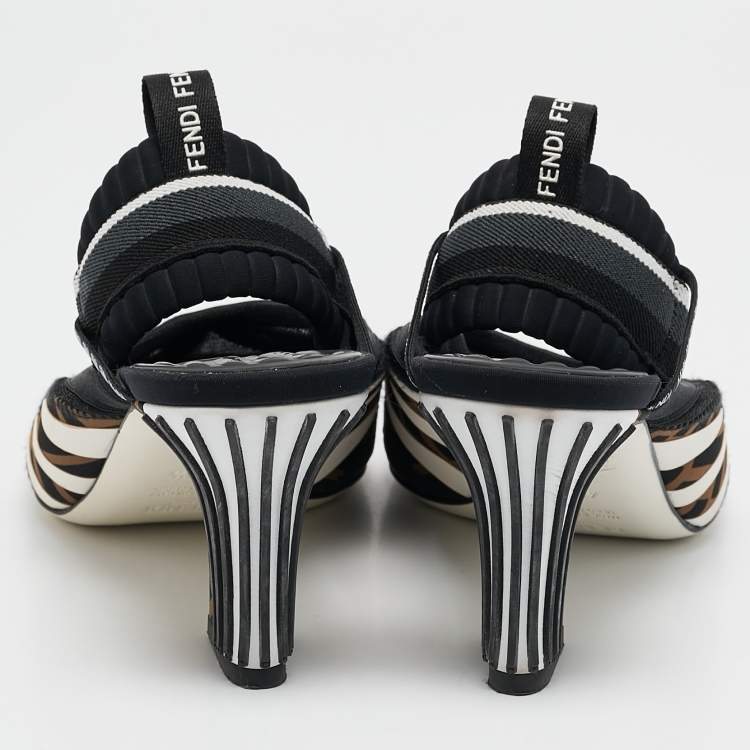 Pre Owned Fendi Black Neoprene and Mesh Freedom FF Patchwork Slingback Sandals Size 40.5