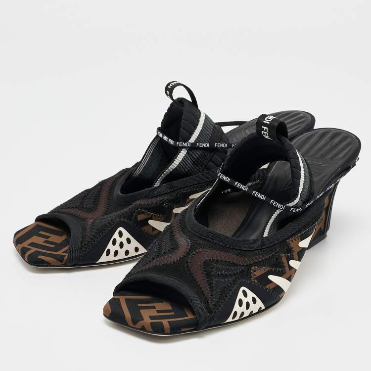 Pre Owned Fendi Black Neoprene and Mesh Freedom FF Patchwork Slingback Sandals Size 40.5