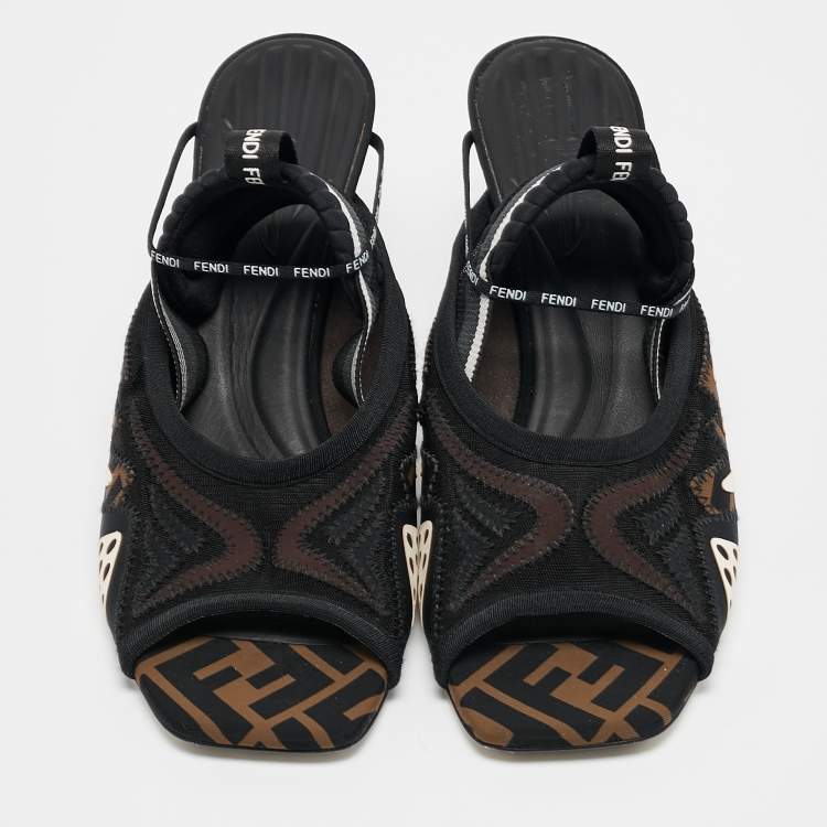 Pre Owned Fendi Black Neoprene and Mesh Freedom FF Patchwork Slingback Sandals Size 40.5