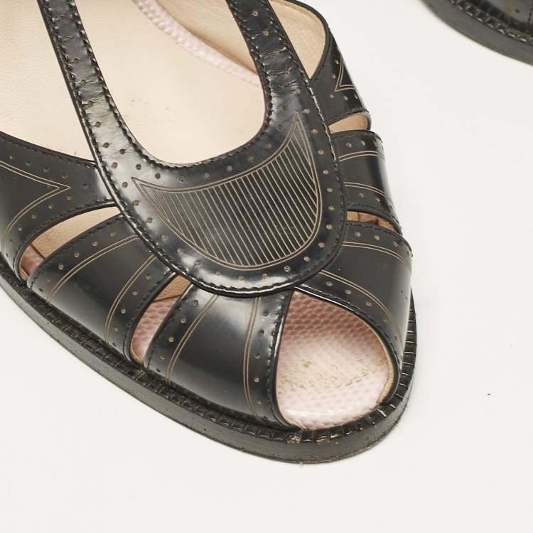 Pre Owned Fendi Black Leather Chameleon Block Heel Ankle Strap Sandals Size 40