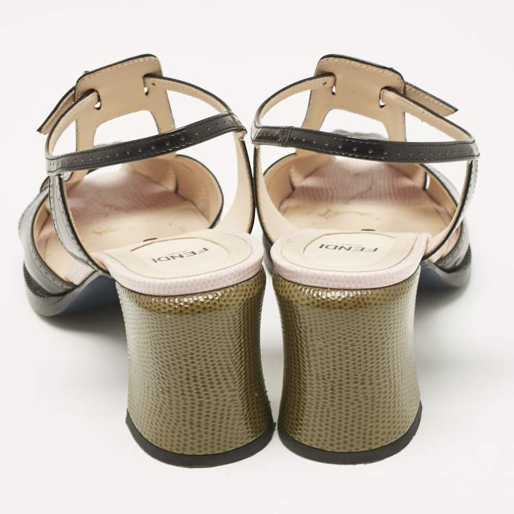 Pre Owned Fendi Black Leather Chameleon Block Heel Ankle Strap Sandals Size 40