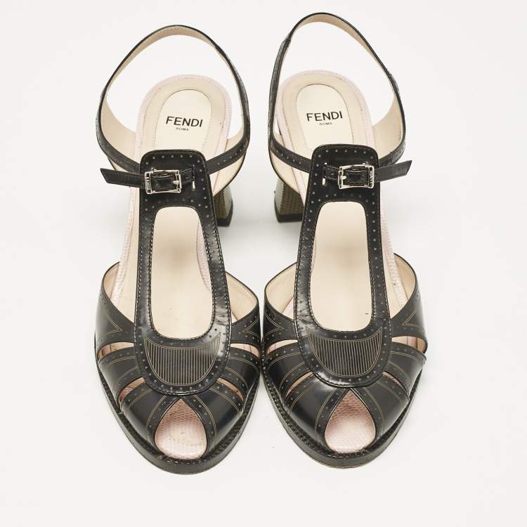 Pre Owned Fendi Black Leather Chameleon Block Heel Ankle Strap Sandals Size 40