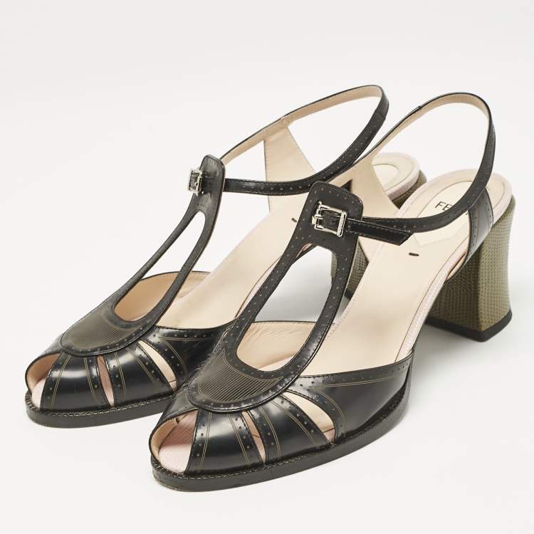 Pre Owned Fendi Black Leather Chameleon Block Heel Ankle Strap Sandals Size 40