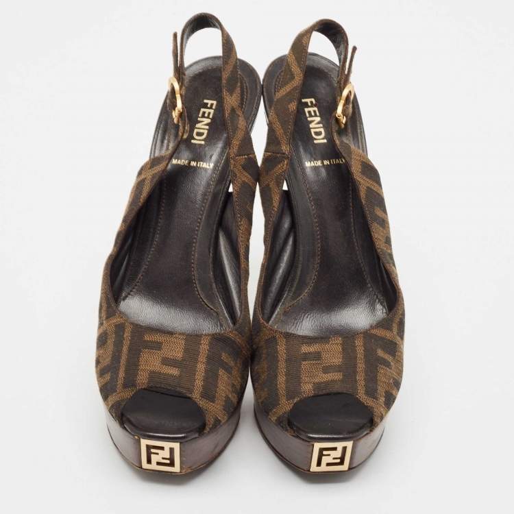 Pre Owned Fendi Tobacco Zucca Canvas Fendista Platform Peep Toe Slingback Pumps Size 39