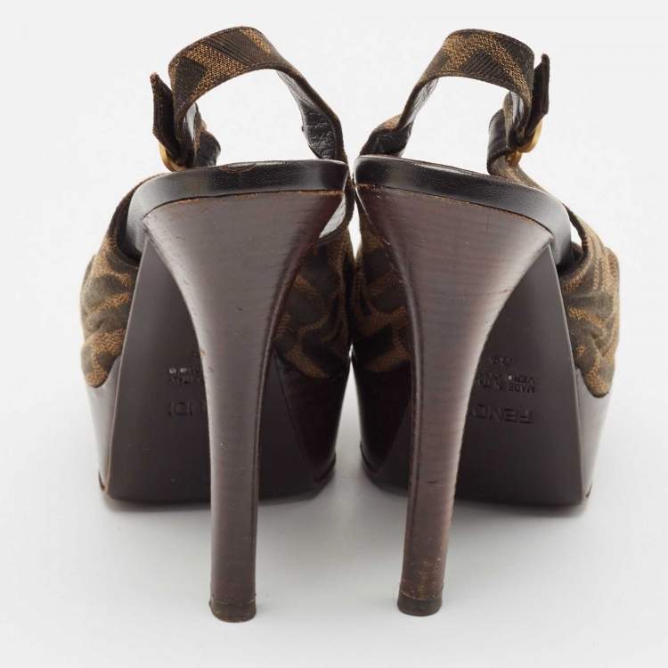 Pre Owned Fendi Tobacco Zucca Canvas Fendista Platform Peep Toe Slingback Pumps Size 39