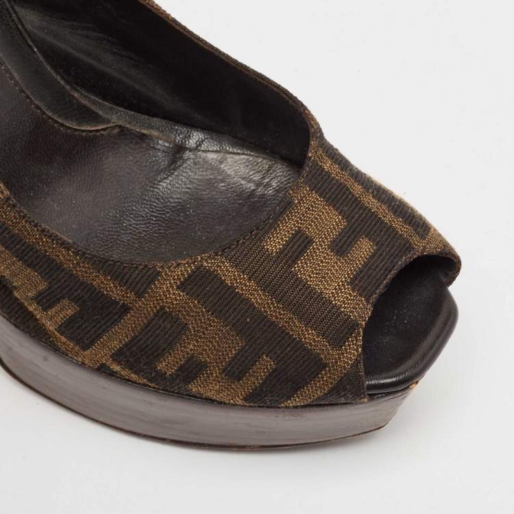 Pre Owned Fendi Tobacco Zucca Canvas Fendista Platform Peep Toe Slingback Pumps Size 39