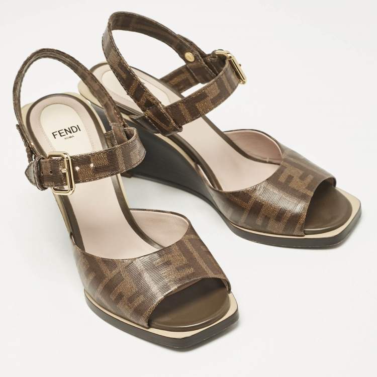 Pre Owned Fendi Brown Zucca Coated Canvas Motif Logo Wedge Ankle Strap Sandals Size 37