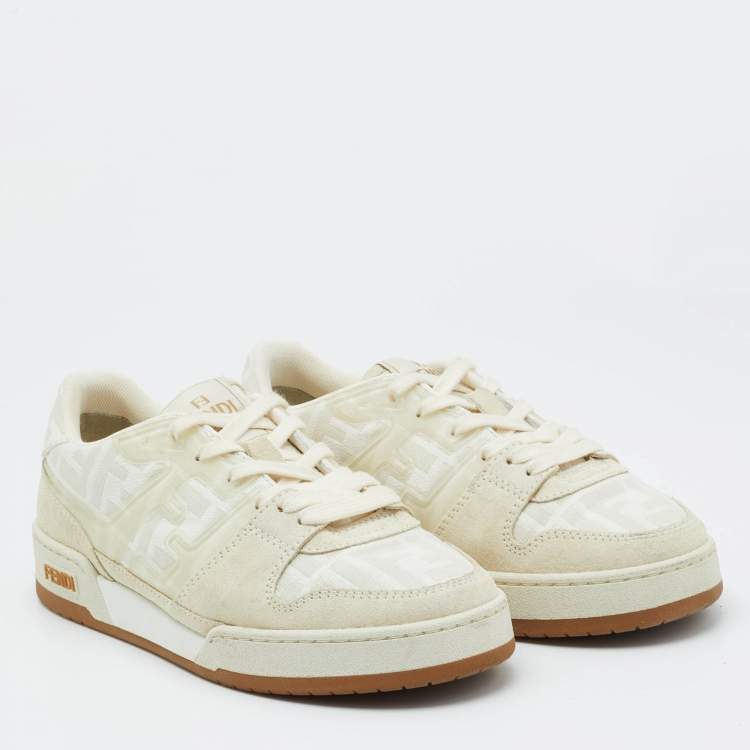 Pre Owned Fendi White/Beige Canvas and Suede Fendi Match Low Top Sneakers Size 37