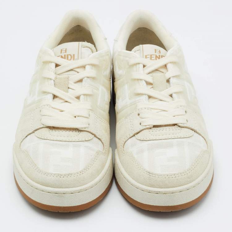 Pre Owned Fendi White/Beige Canvas and Suede Fendi Match Low Top Sneakers Size 37