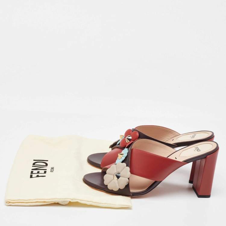 Pre Owned Fendi Red/Brown Leather Flowerland CrissCross Slide Sandals Size 40