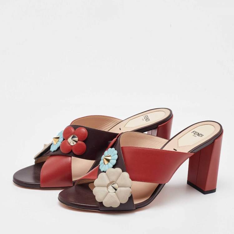 Pre Owned Fendi Red/Brown Leather Flowerland CrissCross Slide Sandals Size 40