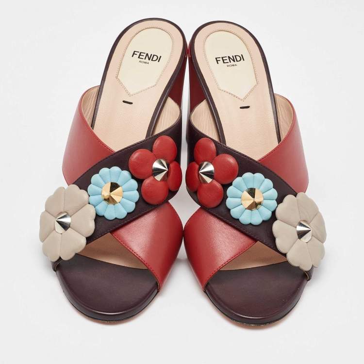 Pre Owned Fendi Red/Brown Leather Flowerland CrissCross Slide Sandals Size 40