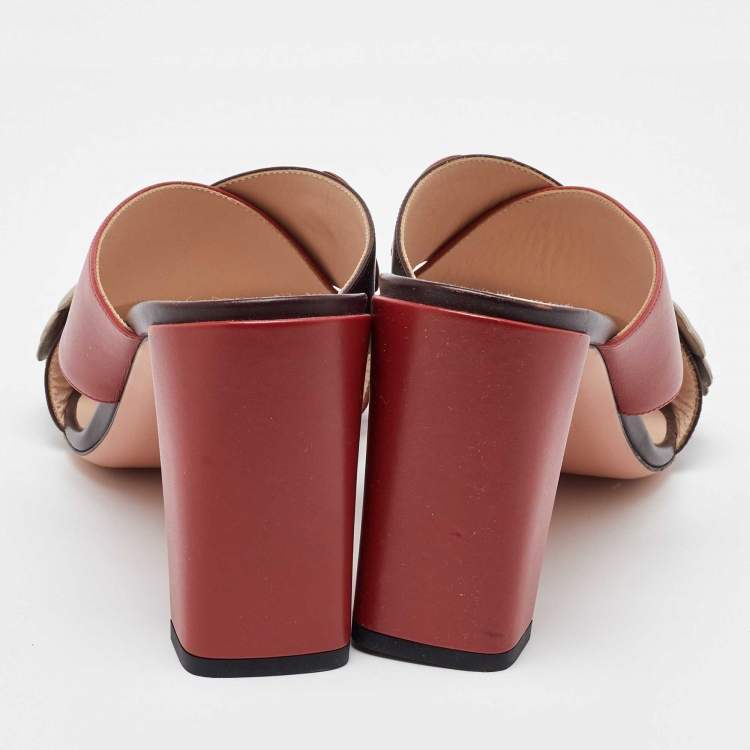 Pre Owned Fendi Red/Brown Leather Flowerland CrissCross Slide Sandals Size 40