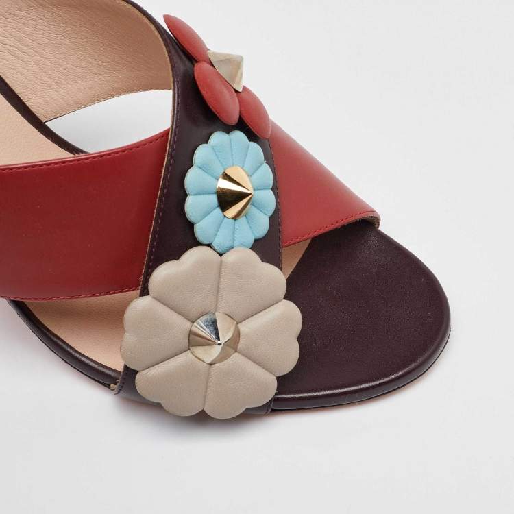 Pre Owned Fendi Red/Brown Leather Flowerland CrissCross Slide Sandals Size 40