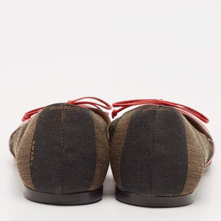Pre Owned Fendi Brown/Red Leather And Canvas Toe Ballet Flats Size 37
