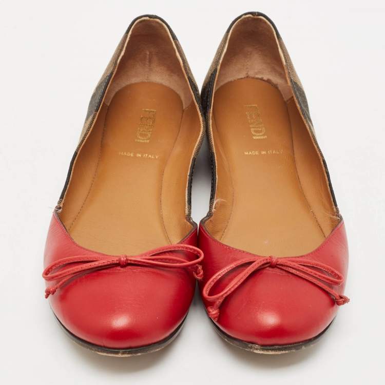 Pre Owned Fendi Brown/Red Leather And Canvas Toe Ballet Flats Size 37