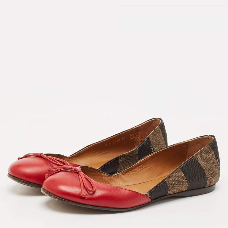 Pre Owned Fendi Brown/Red Leather And Canvas Toe Ballet Flats Size 37