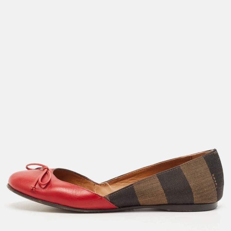Pre Owned Fendi Brown/Red Leather And Canvas Toe Ballet Flats Size 37