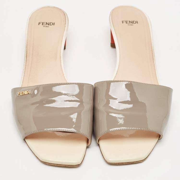 Pre Owned Fendi Grey Patent Leather Slide Sandals Size 41