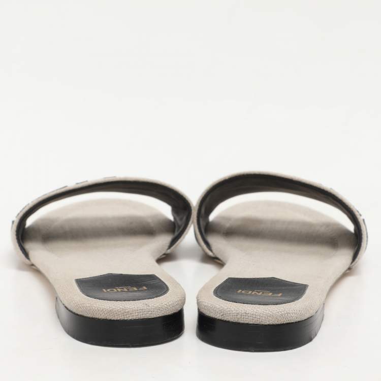 Pre Owned Fendi Grey/Black Canvas and Leather FF Flat Slide Size 40