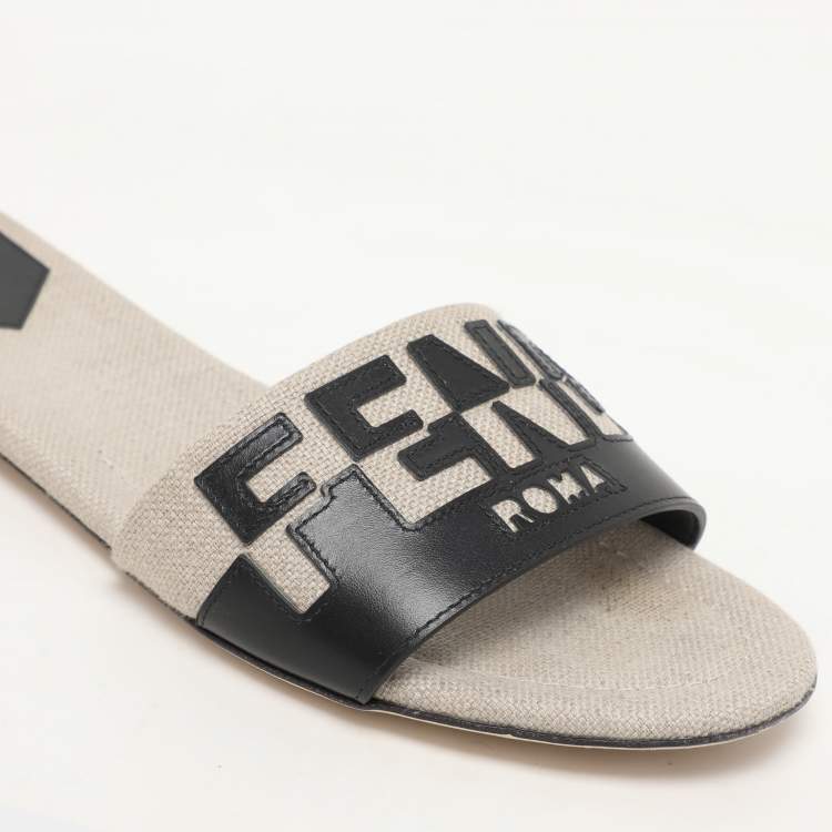 Pre Owned Fendi Grey/Black Canvas and Leather FF Flat Slide Size 40