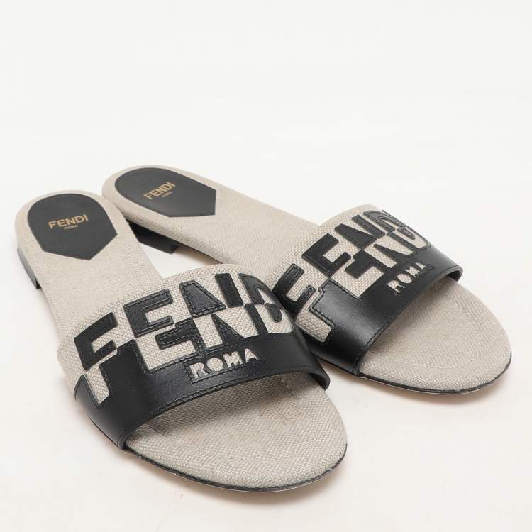 Pre Owned Fendi Grey/Black Canvas and Leather FF Flat Slide Size 40