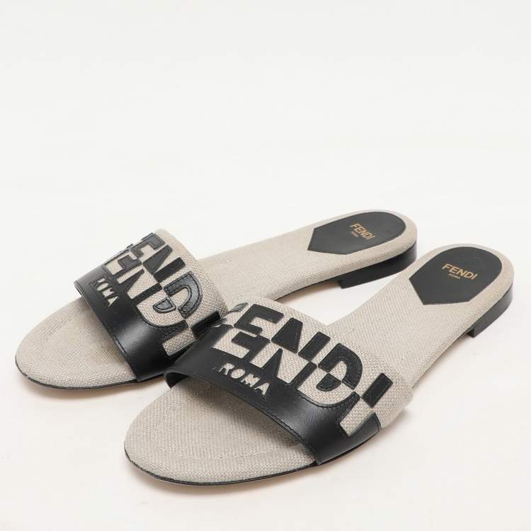 Pre Owned Fendi Grey/Black Canvas and Leather FF Flat Slide Size 40