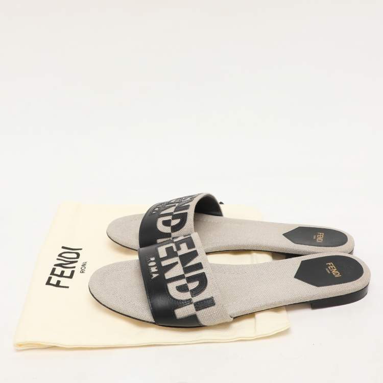 Pre Owned Fendi Grey/Black Canvas and Leather FF Flat Slide Size 40