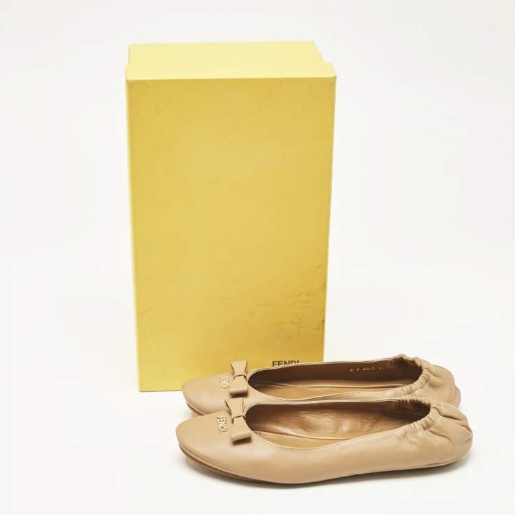 Pre Owned Fendi Beige Leather Let's Dance Bow Ballet Flats Size 39