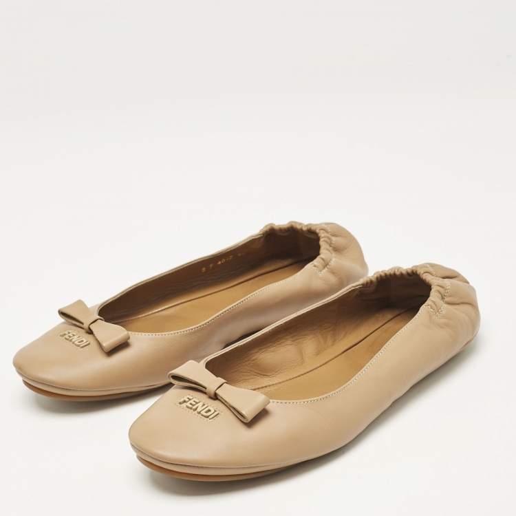 Pre Owned Fendi Beige Leather Let's Dance Bow Ballet Flats Size 39