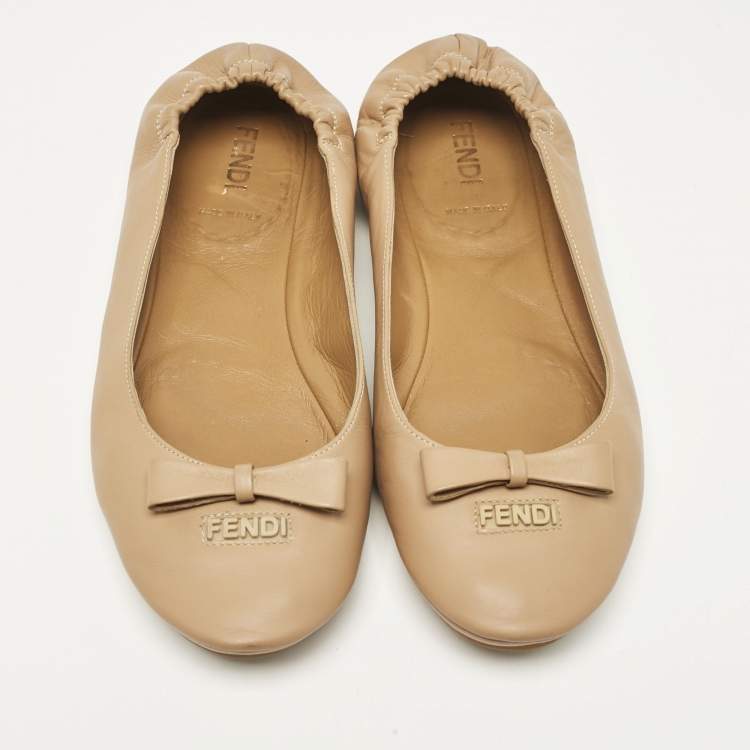 Pre Owned Fendi Beige Leather Let's Dance Bow Ballet Flats Size 39