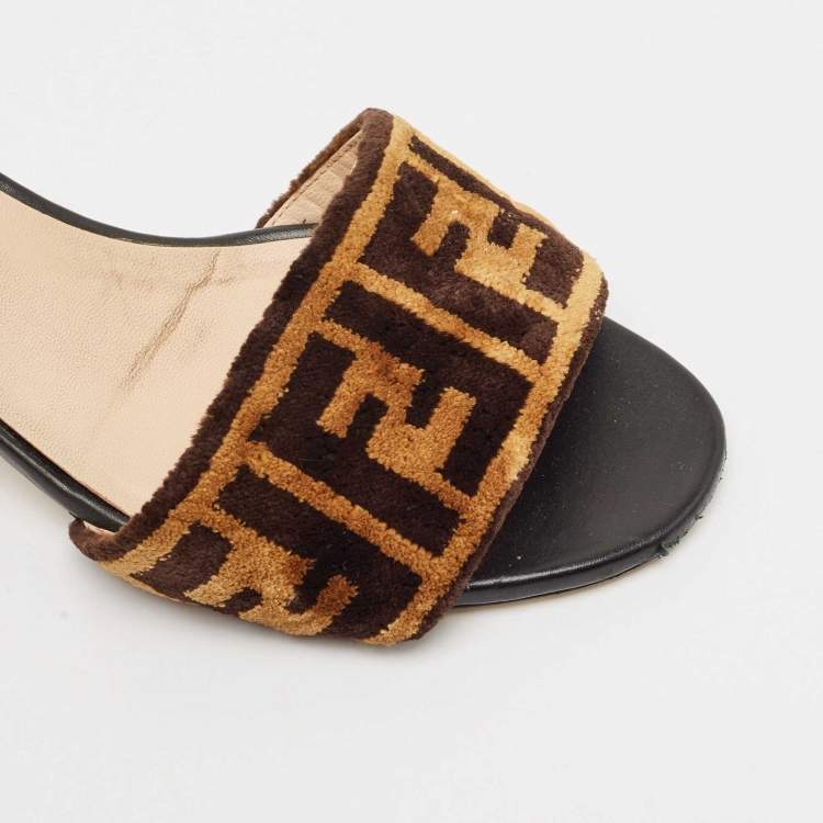 Pre Owned Fendi Brown Zucca Velvet Open Toe Slide Sandals Size 39