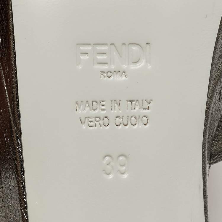 Pre Owned Fendi Metallic Dark Grey Leather Platform T-Strap Sandals Size 39