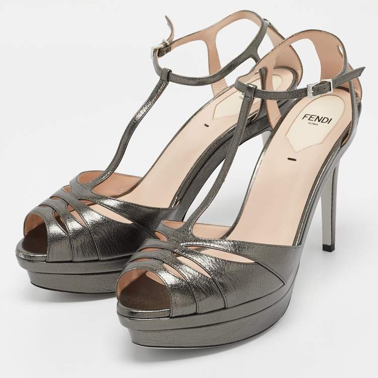 Pre Owned Fendi Metallic Dark Grey Leather Platform T-Strap Sandals Size 39