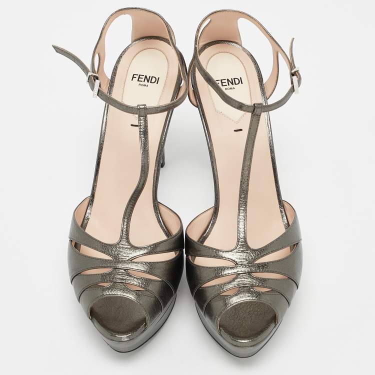 Pre Owned Fendi Metallic Dark Grey Leather Platform T-Strap Sandals Size 39