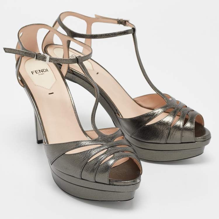 Pre Owned Fendi Metallic Dark Grey Leather Platform T-Strap Sandals Size 39