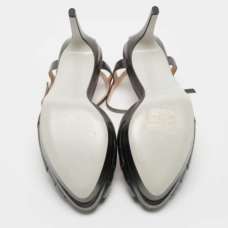 Pre Owned Fendi Metallic Dark Grey Leather Platform T-Strap Sandals Size 39