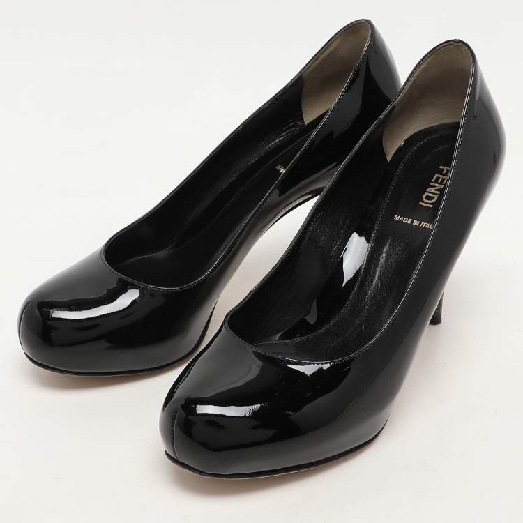 Pre Owned Fendi Black Patent Leather FF Logo Print Heel Pumps Size 37