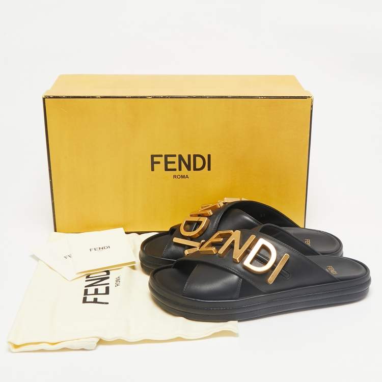 Pre Owned Fendi Black Leather Fendigraphy Flat Slides Size 37