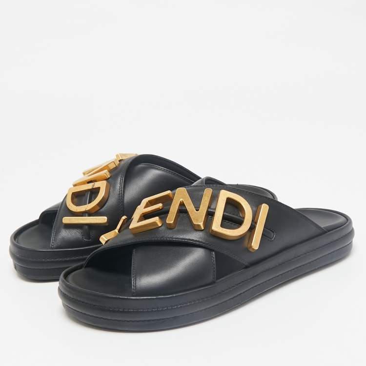 Pre Owned Fendi Black Leather Fendigraphy Flat Slides Size 37