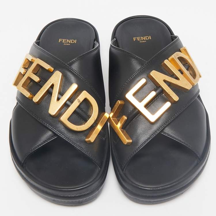 Pre Owned Fendi Black Leather Fendigraphy Flat Slides Size 37