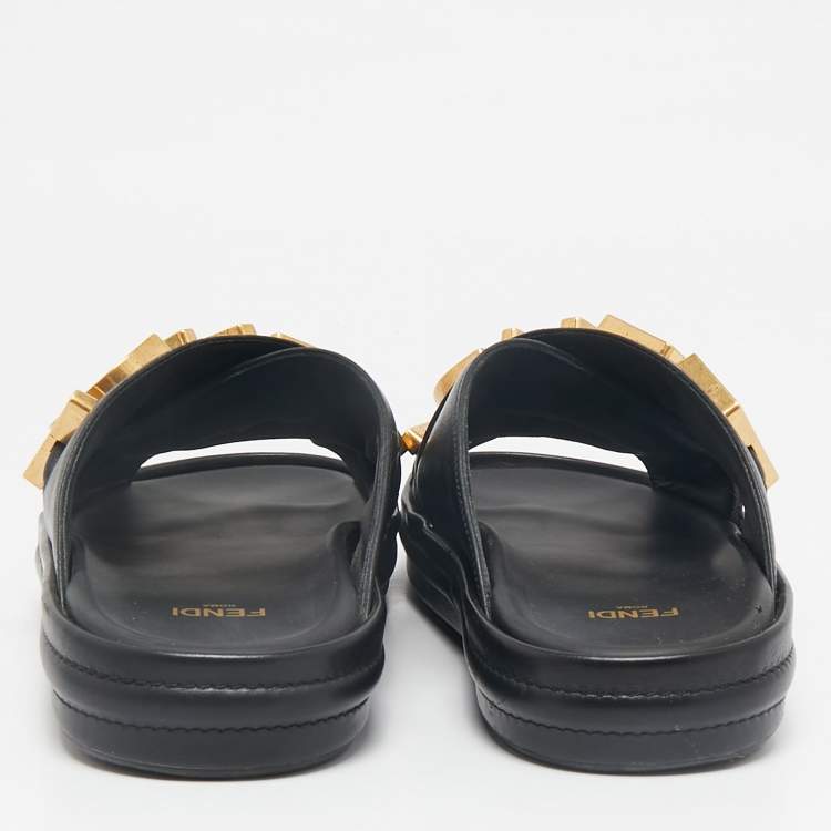 Pre Owned Fendi Black Leather Fendigraphy Flat Slides Size 37