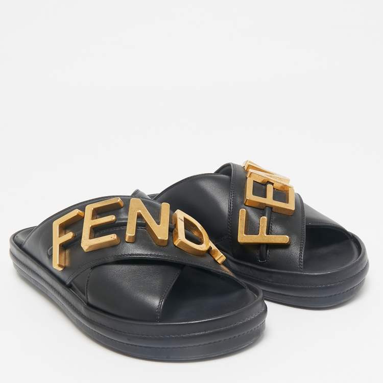 Pre Owned Fendi Black Leather Fendigraphy Flat Slides Size 37